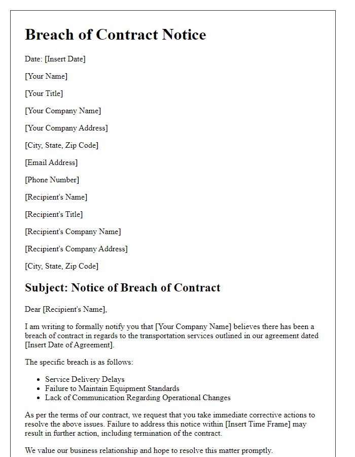 Letter template of transportation service breach of contract notice