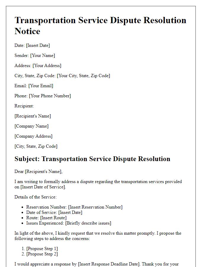 Letter template of transportation service dispute resolution notice