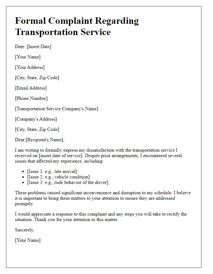 Letter template of transportation service formal complaint