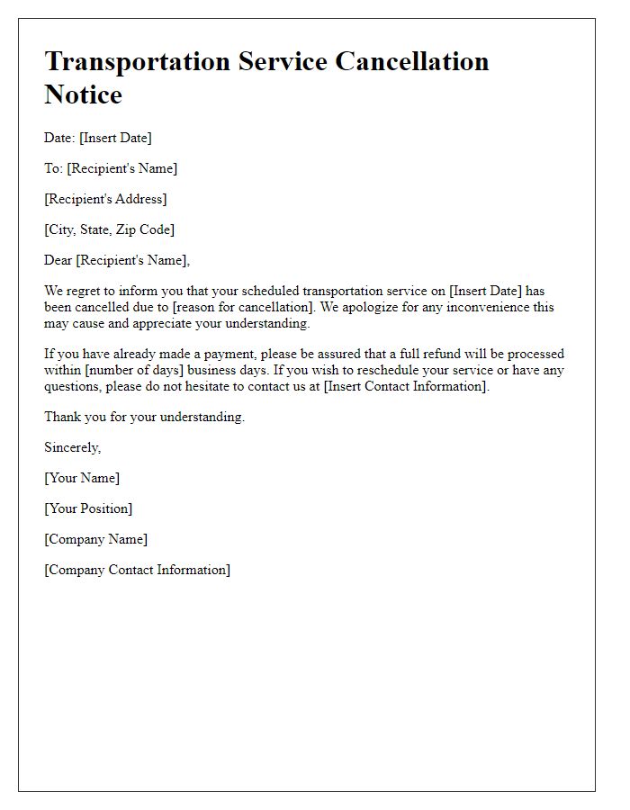 Letter template of transportation service notice of cancellation