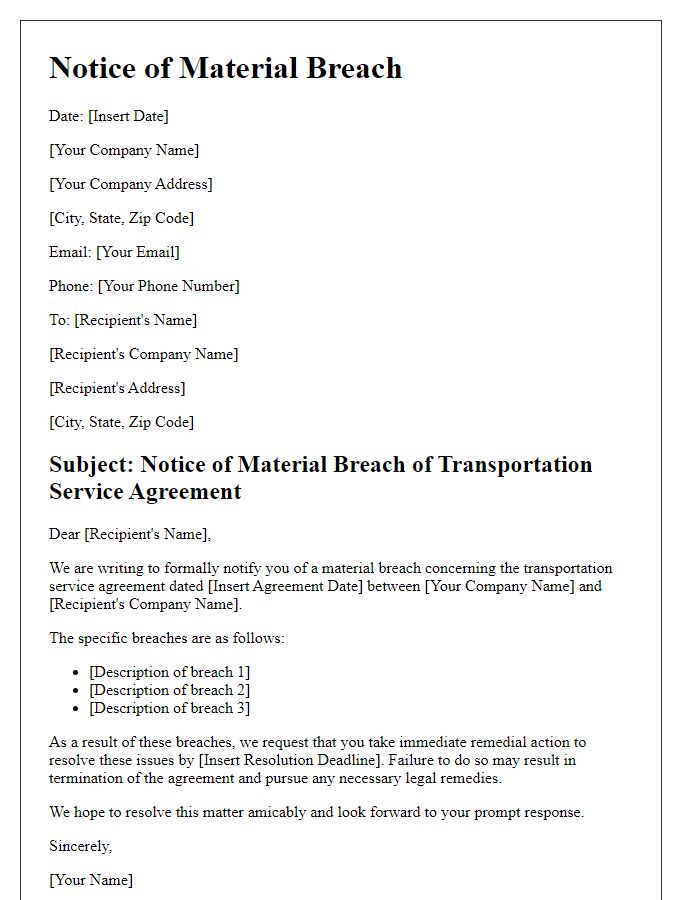 Letter template of transportation service notice of material breach