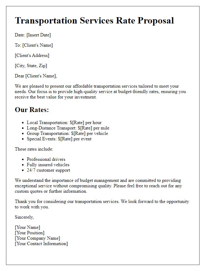 Letter template of budget-friendly rates for our transportation services.