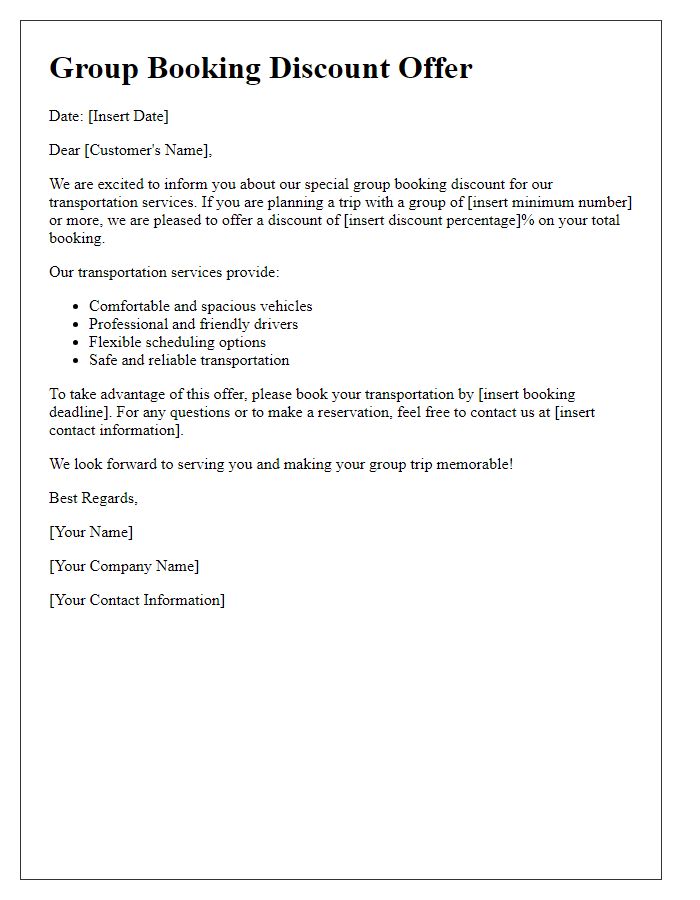 Letter template of group booking discount for transportation services.