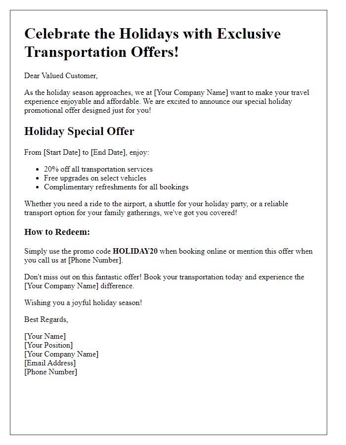 Letter template of holiday promotional offer for transportation services.