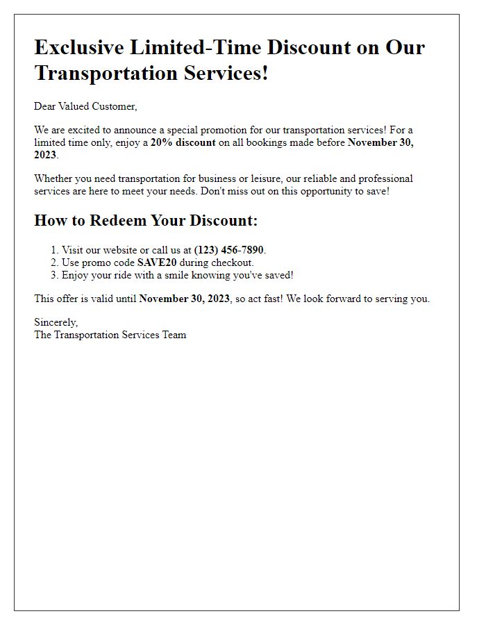 Letter template of limited-time discount for our transportation services.