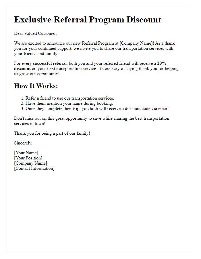 Letter template of referral program discount for transportation services.