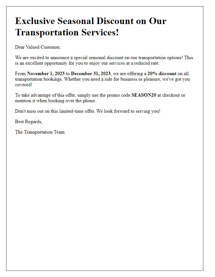 Letter template of seasonal discount for our transportation options.