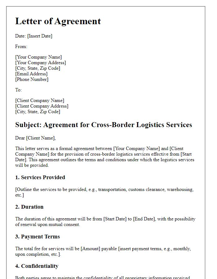 Letter template of agreement for cross-border logistics services.