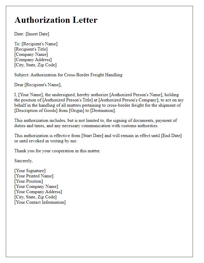 Letter template of authorization for cross-border freight handling.