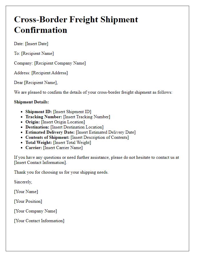 Letter template of confirmation for cross-border freight shipment.