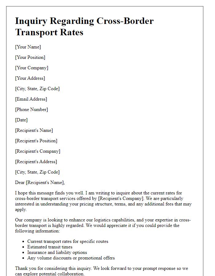 Letter template of inquiry regarding cross-border transport rates.