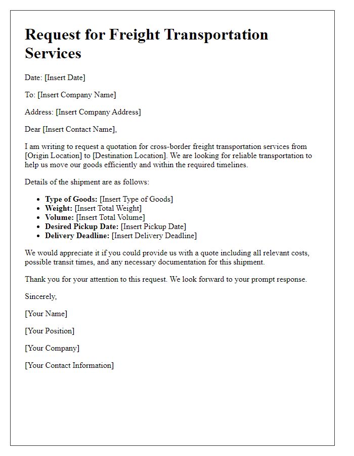 Letter template of request for cross-border freight transportation services.