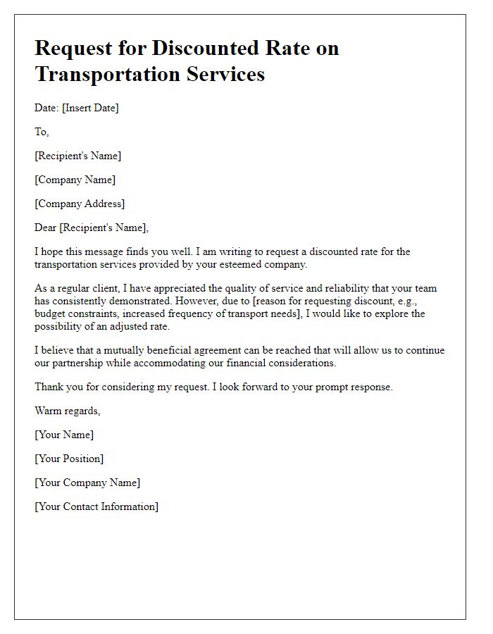 Letter template of discounted rate request for transportation services