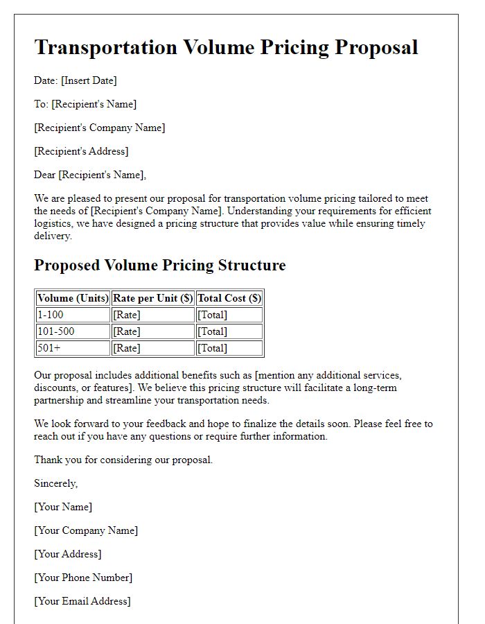 Letter template of transportation volume pricing proposal