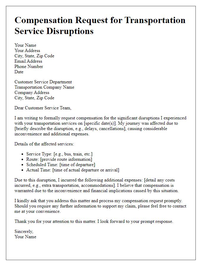 Letter template of compensation request for transportation service disruptions.