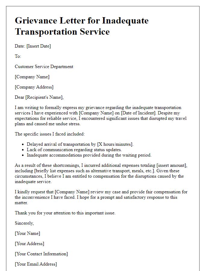 Letter template of grievance for inadequate transportation service compensation.