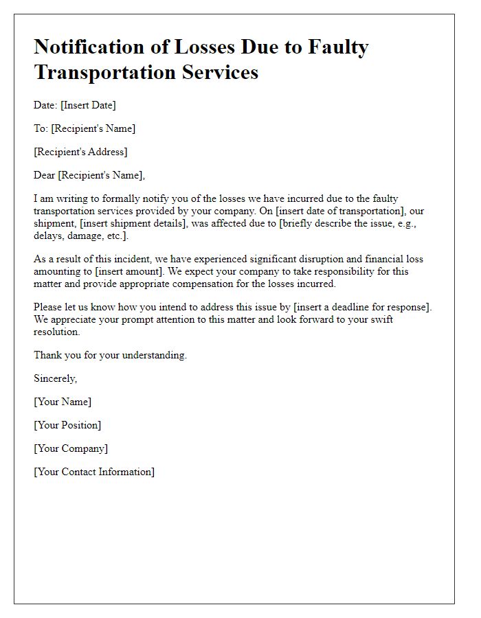 Letter template of notification for losses due to faulty transportation services.