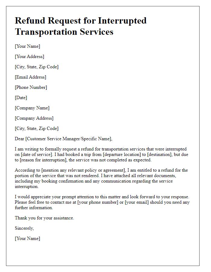 Letter template of refund request for interrupted transportation services.