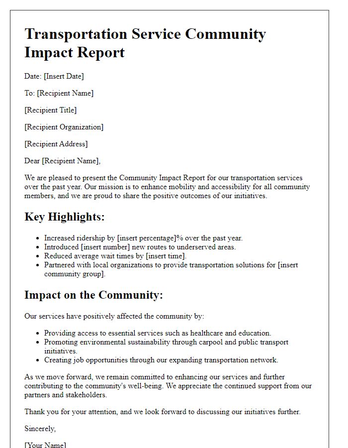 Letter template of transportation service community impact report.