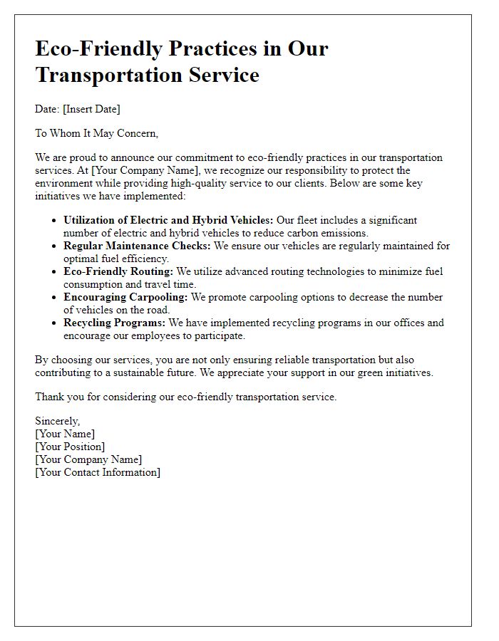 Letter template of transportation service eco-friendly practices.