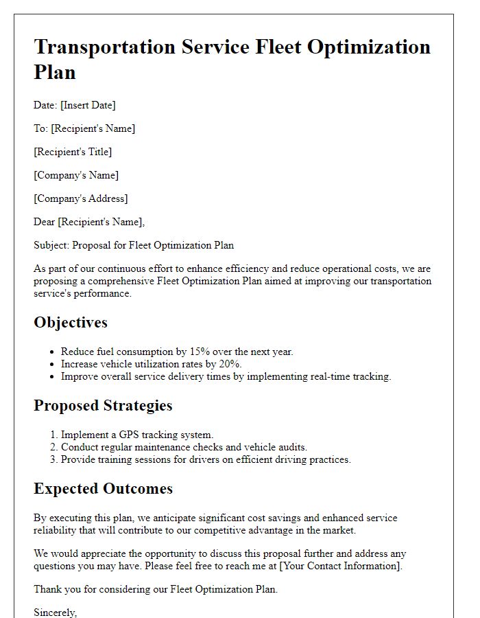 Letter template of transportation service fleet optimization plan.