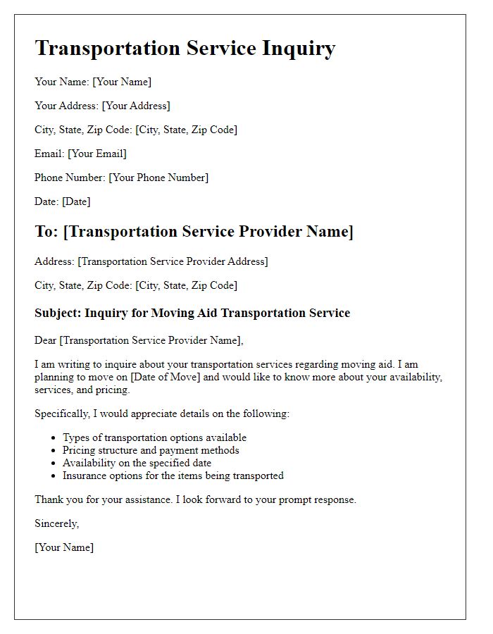 Letter template of transportation service moving aid inquiry