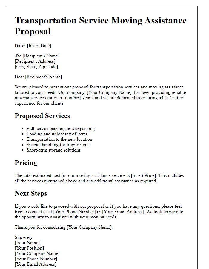 Letter template of transportation service moving assistance proposal