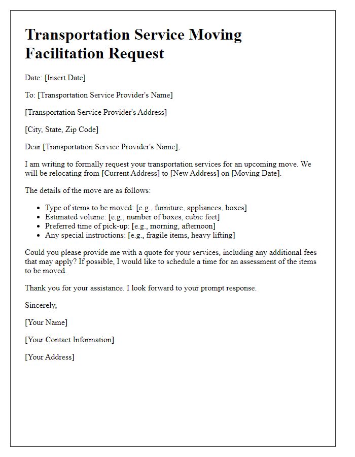 Letter template of transportation service moving facilitation request