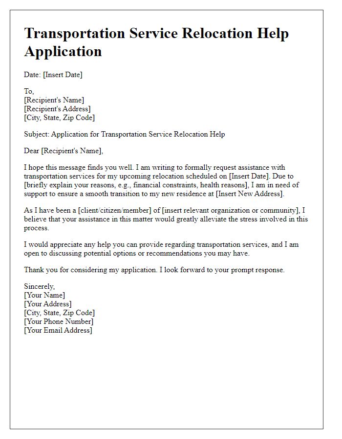 Letter template of transportation service relocation help application