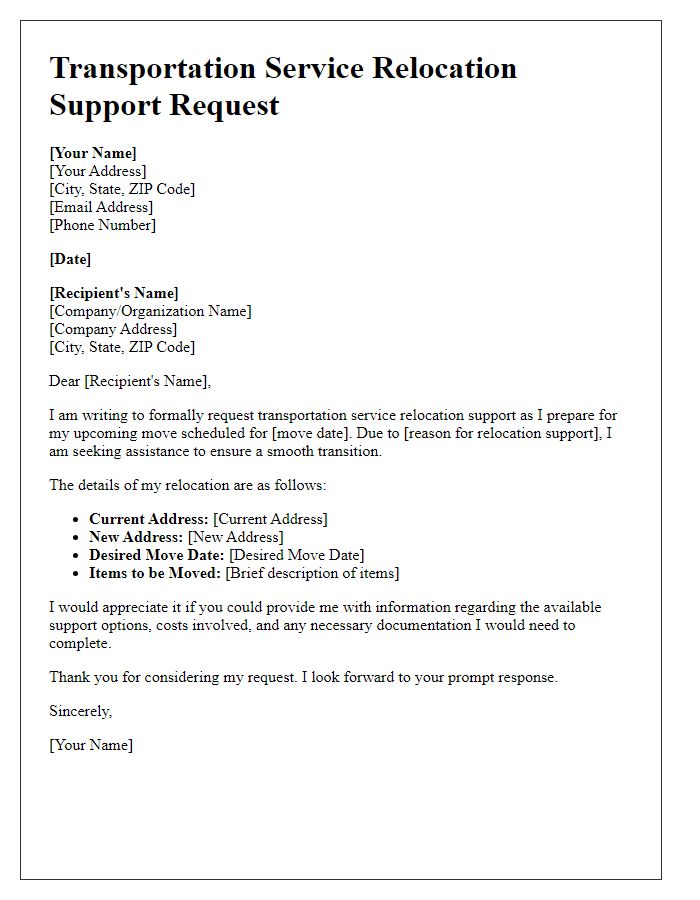 Letter template of transportation service relocation support request