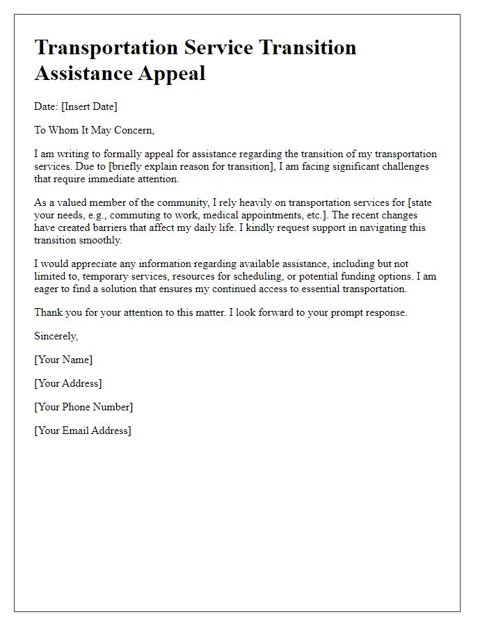 Letter template of transportation service transition assistance appeal