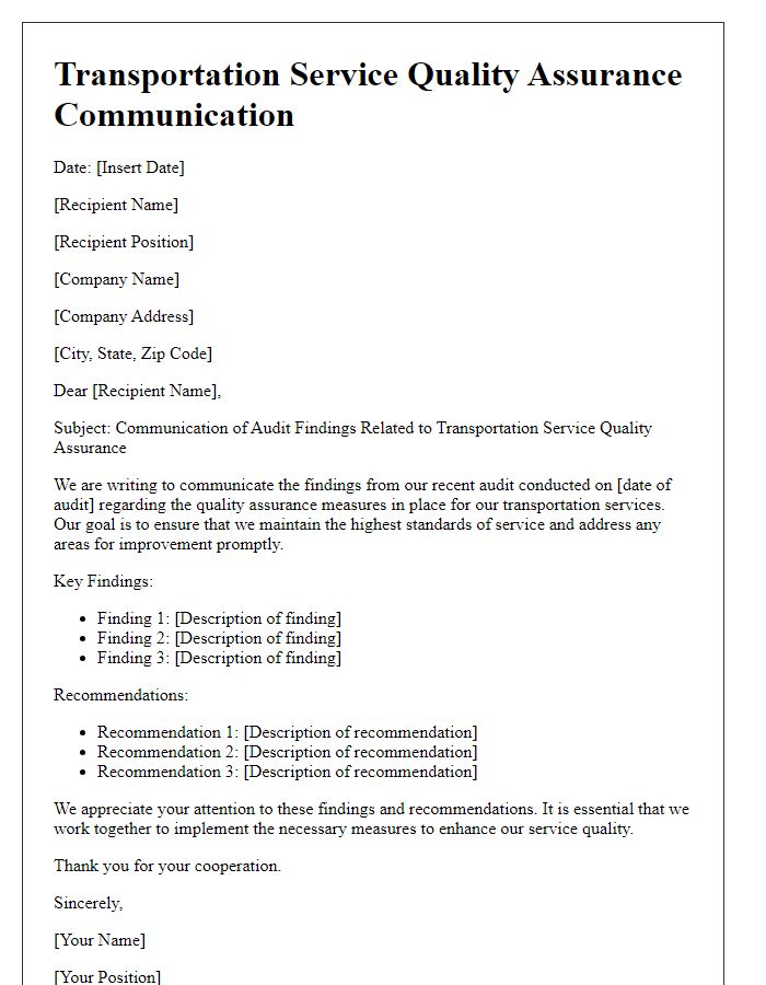 Letter template of transportation service quality assurance for audit findings communication