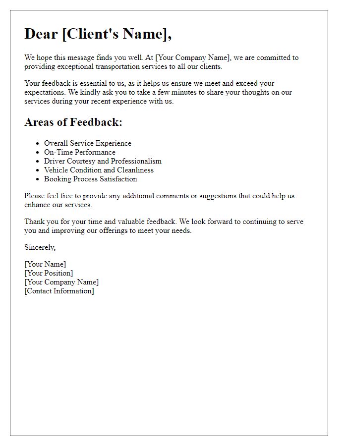 Letter template of transportation service quality assurance for client feedback solicitation