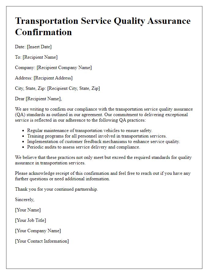 Letter template of transportation service quality assurance for compliance confirmation