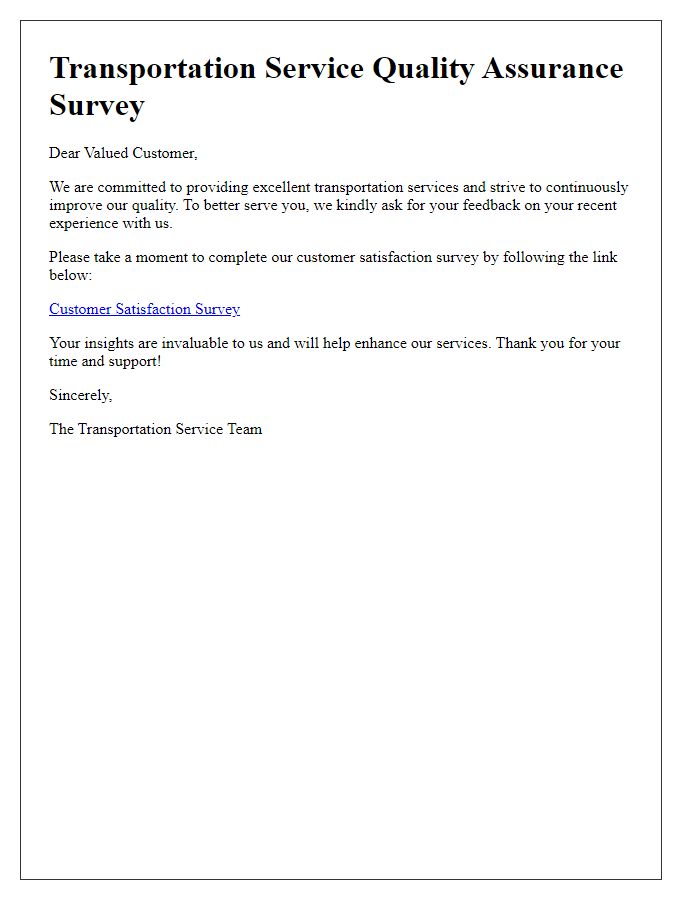 Letter template of transportation service quality assurance for customer satisfaction survey