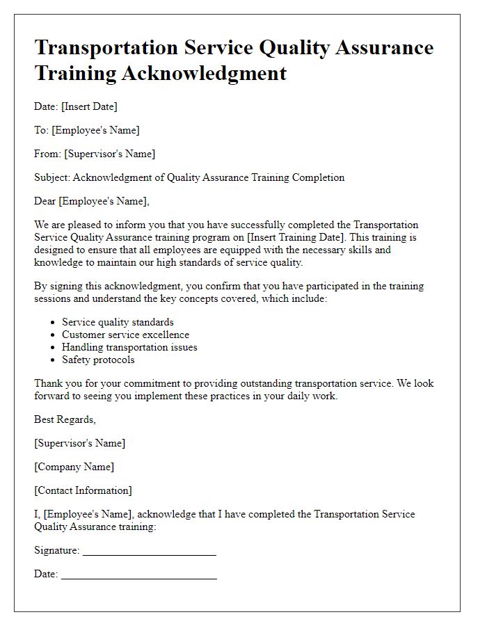 Letter template of transportation service quality assurance for employee training acknowledgment