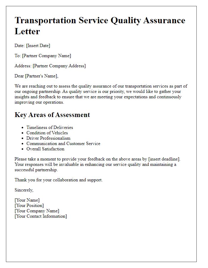 Letter template of transportation service quality assurance for partnership assessment