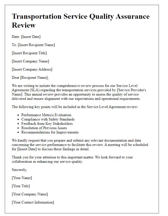 Letter template of transportation service quality assurance for service level agreement review