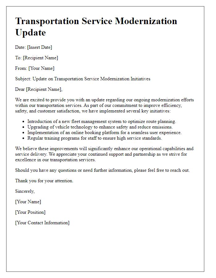 Letter template of transportation service modernization update