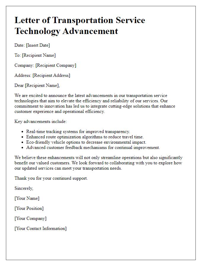 Letter template of transportation service technology advancement