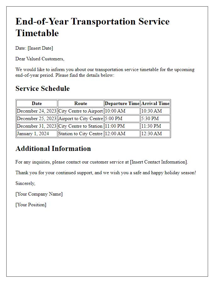 Letter template of transportation service end-of-year timetable