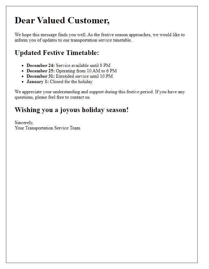 Letter template of transportation service festive timetable update