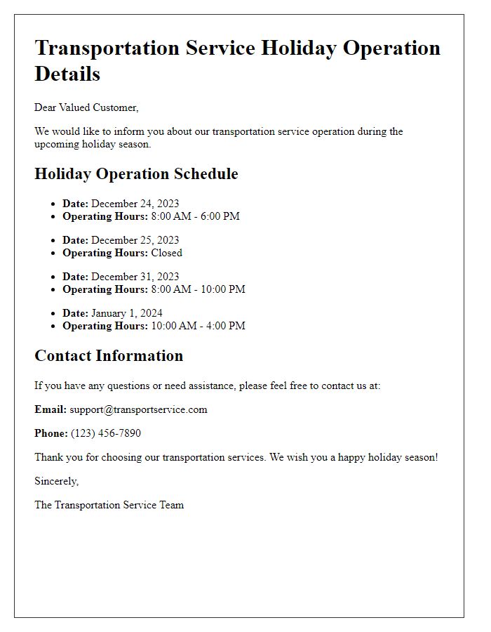 Letter template of transportation service holiday operation details