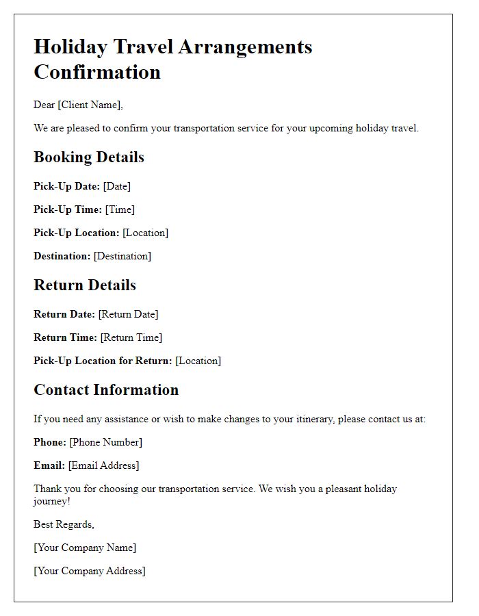 Letter template of transportation service holiday travel arrangements