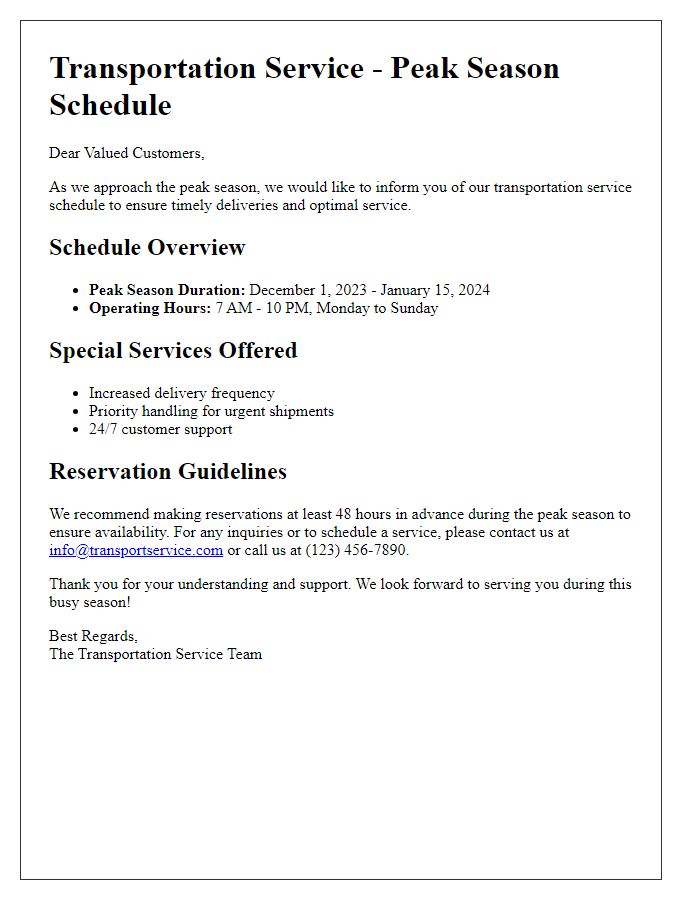 Letter template of transportation service peak season schedule