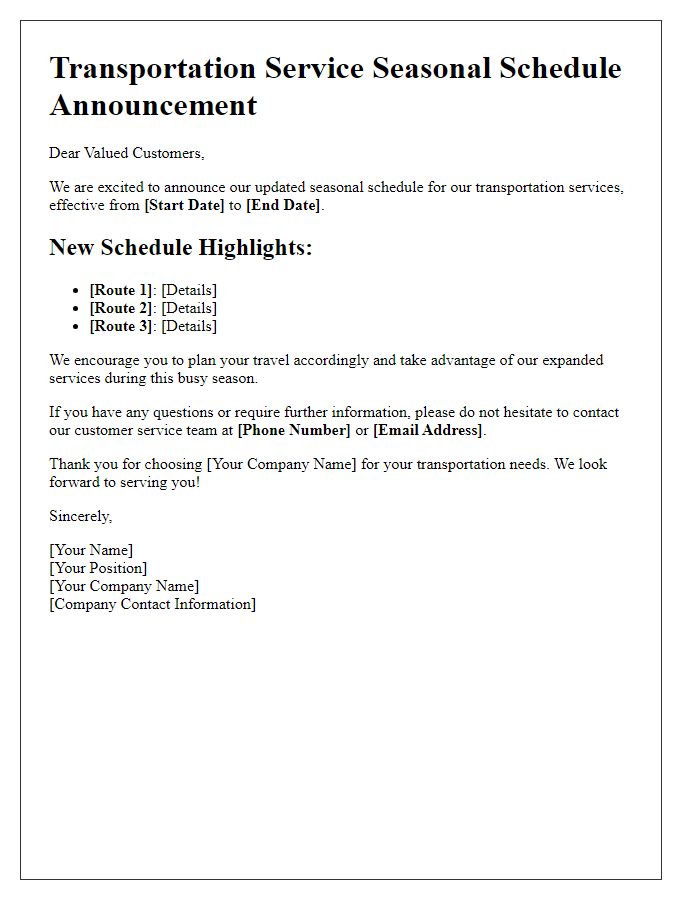 Letter template of transportation service seasonal schedule announcement