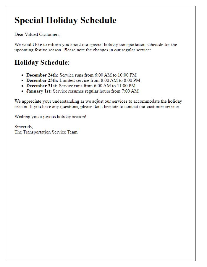 Letter template of transportation service special holiday schedule