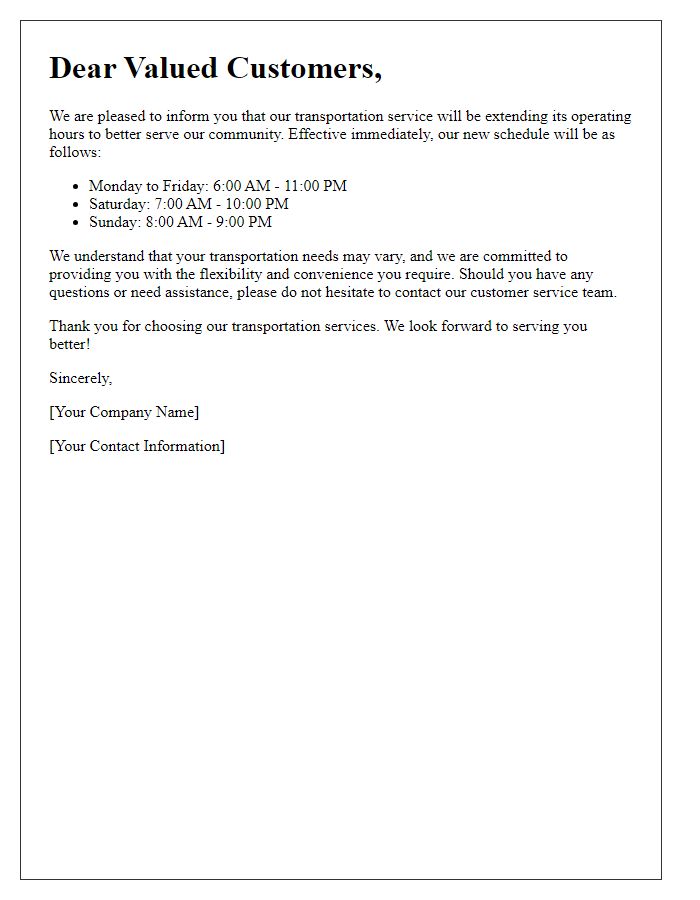 Letter template of extended hours for transportation service availability