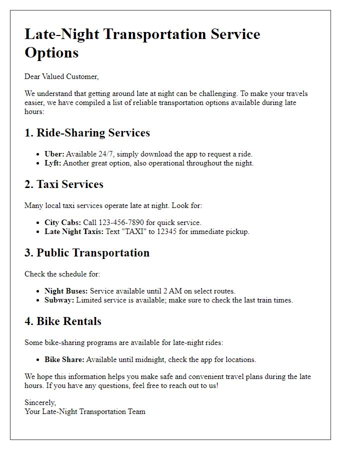 Letter template of late-night transportation service options