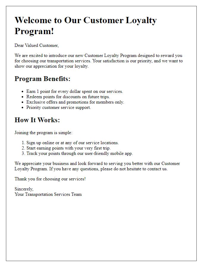 Letter template of customer loyalty program details for transportation services